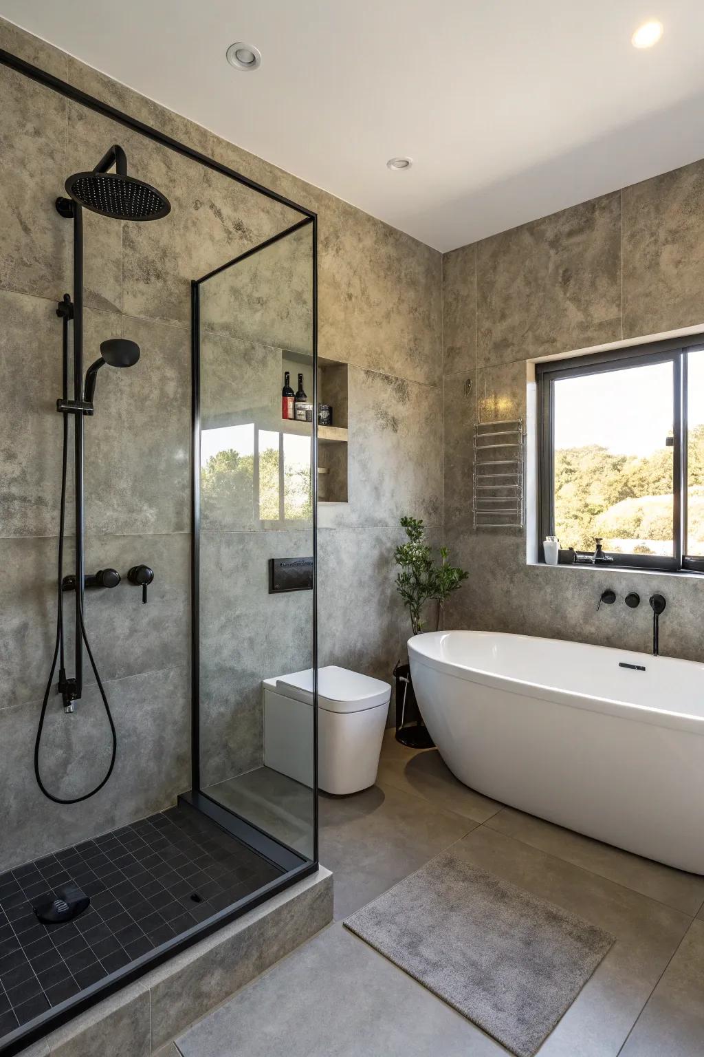Structured neutral walls add dimension and sophistication to this stylish bathroom.