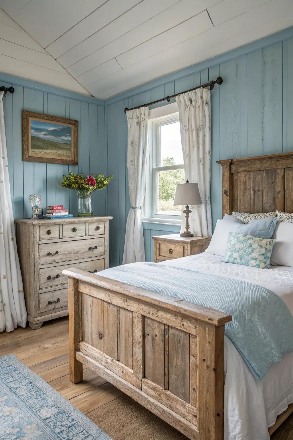 Country timber features bring warmth and texture to a blue and white bedroom.