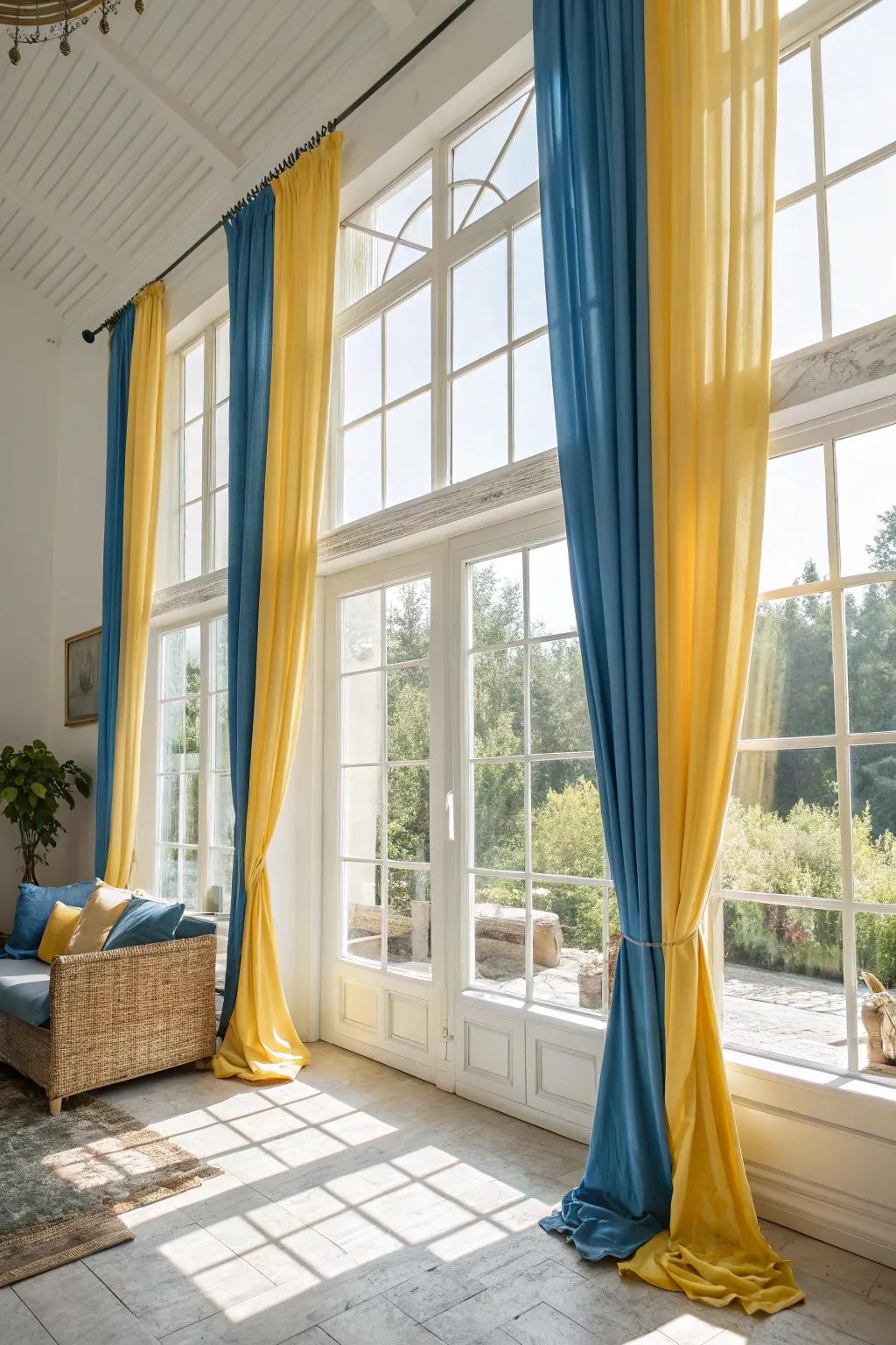 Windows dressed with blue and yellow curtains to brighten the space.