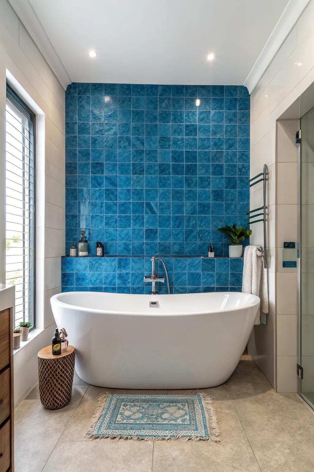 A bold blue feature wall crafts an unforgettable focal point.