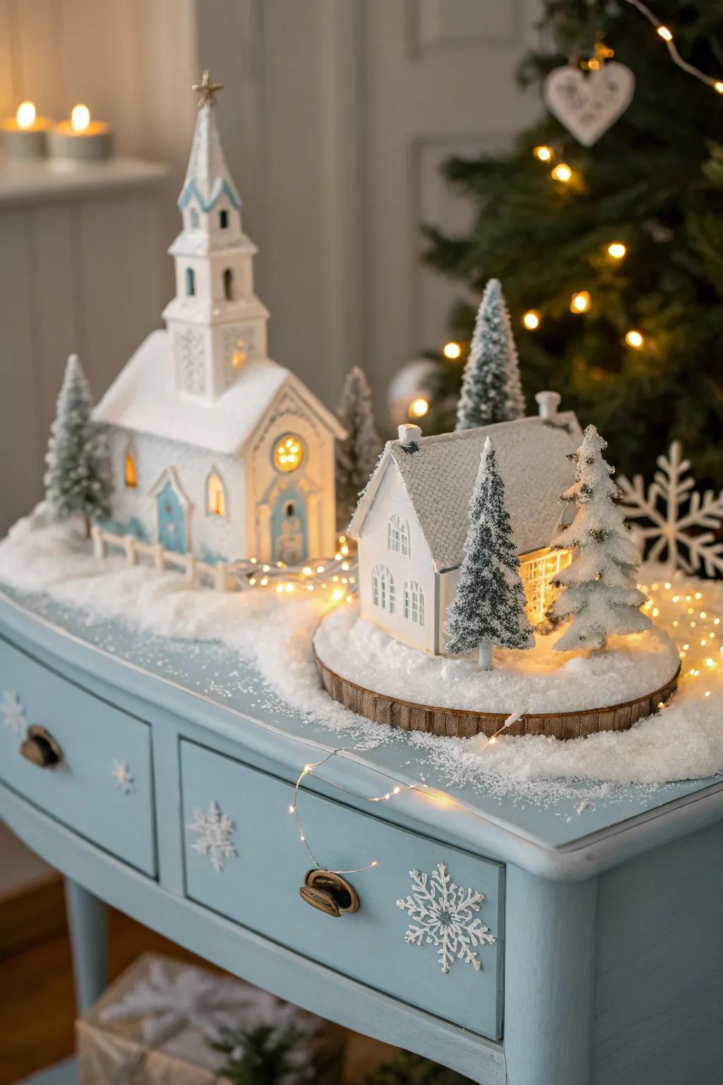 A charming Christmas hamlet conveys holiday cheer to any chamber.