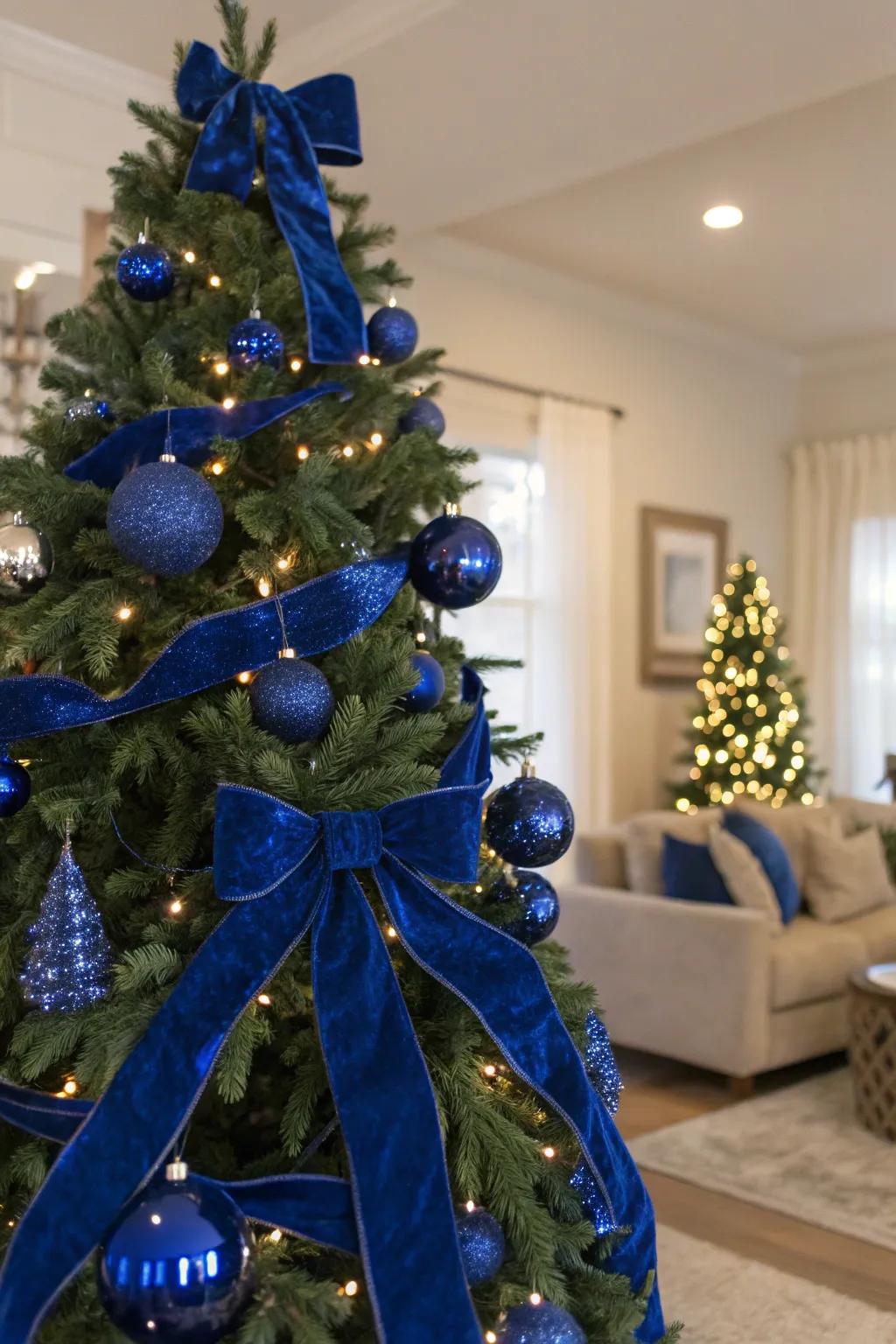 An opulent azure velvet Christmas tree.
