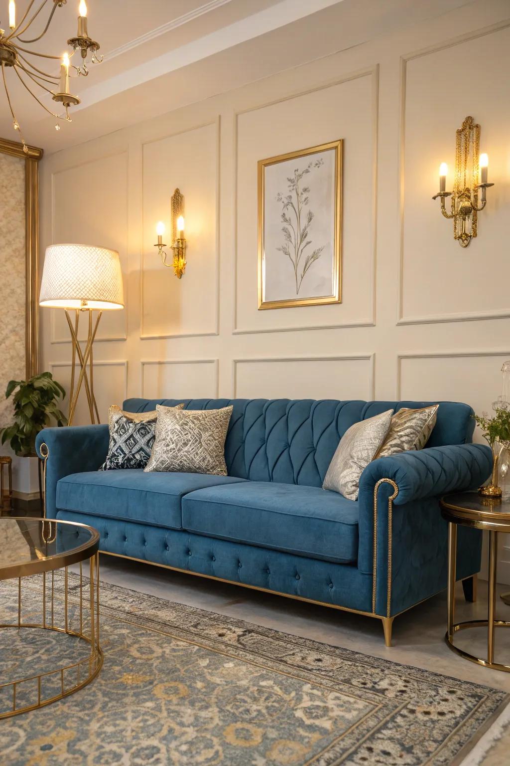 Metallic details introduce a luxurious feeling to a blue sofa arrangement.
