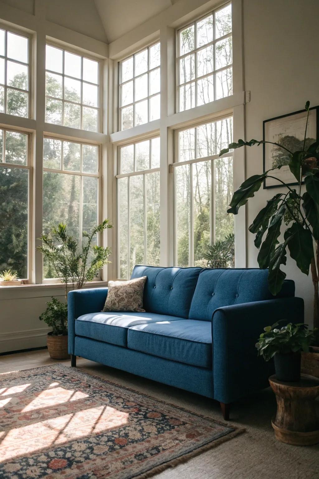 Sunlight enhances the beauty of the cerulean settee.
