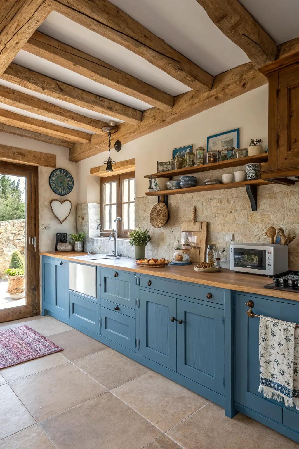 Blue cabinets matched with timber elements offer a country charm that's both inviting and warm.