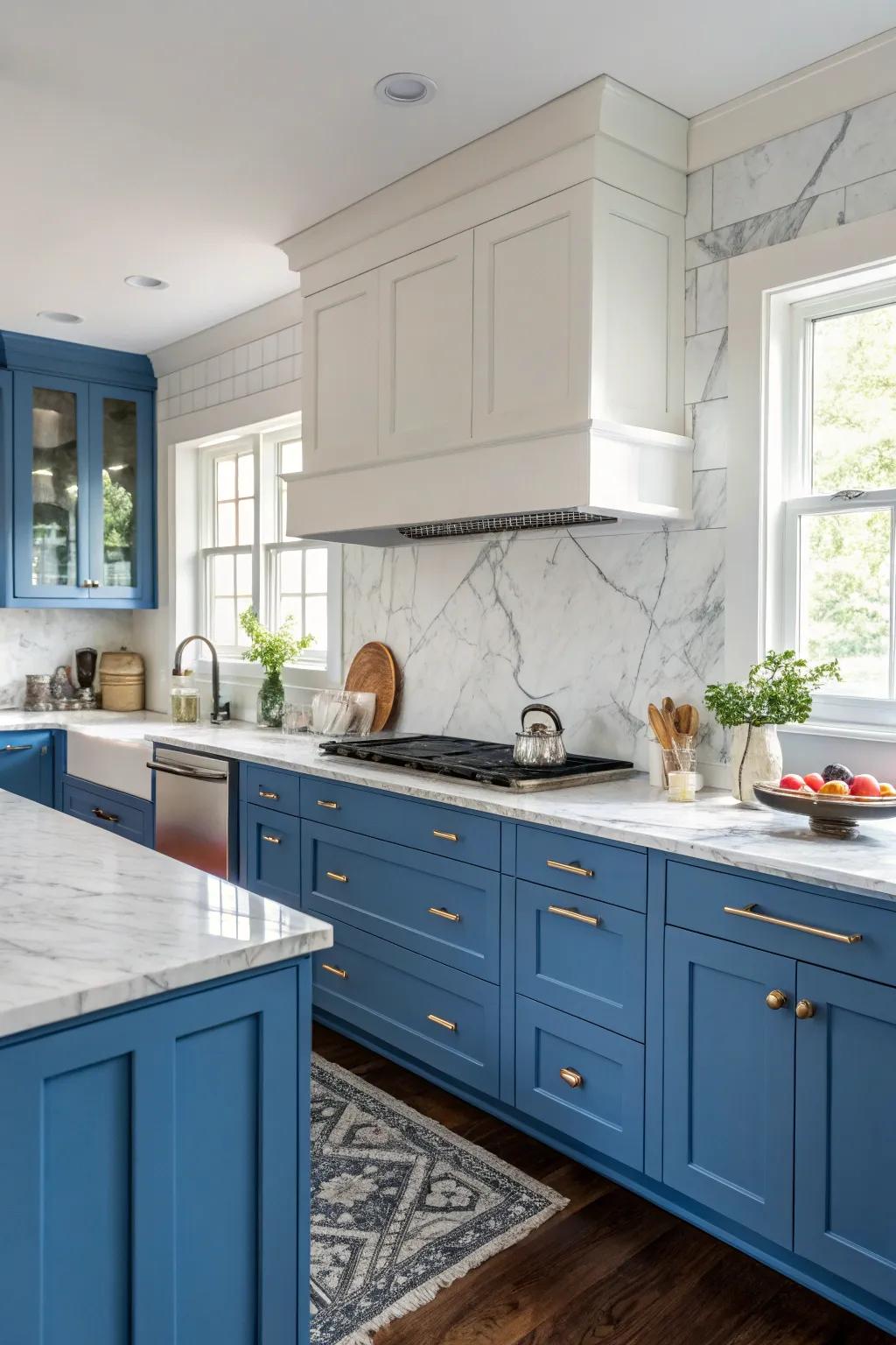 Refinement perfected with azure cabinets and marble counters.