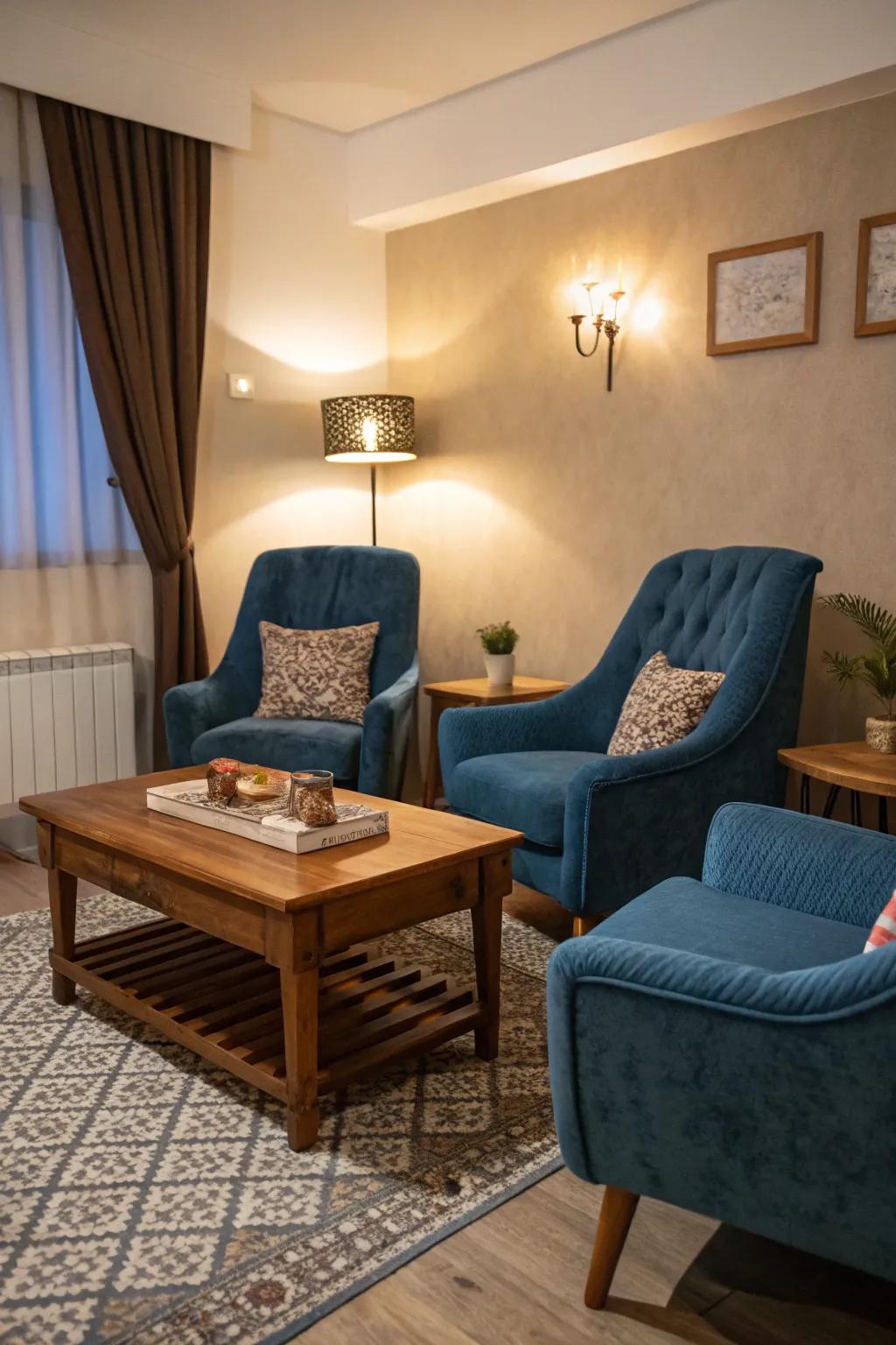 Plush blue textiles bring a sense of luxury and warmth to this elegant living room.