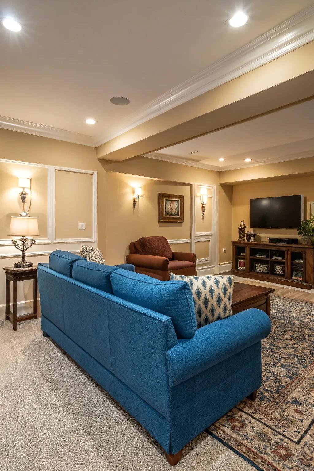 Uncolored walls let the cerulean couch's color shine.