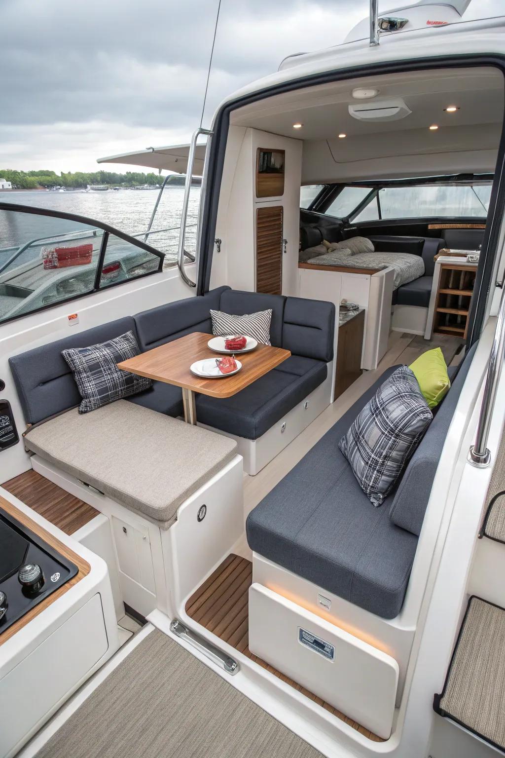 Effective use of space with adaptable furniture for a streamlined boat interior.