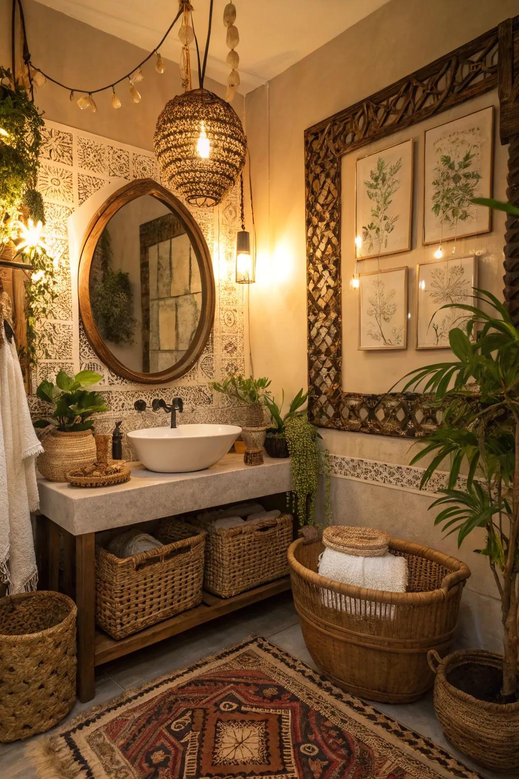 A boho bathroom featuring a statement decorative mirror.