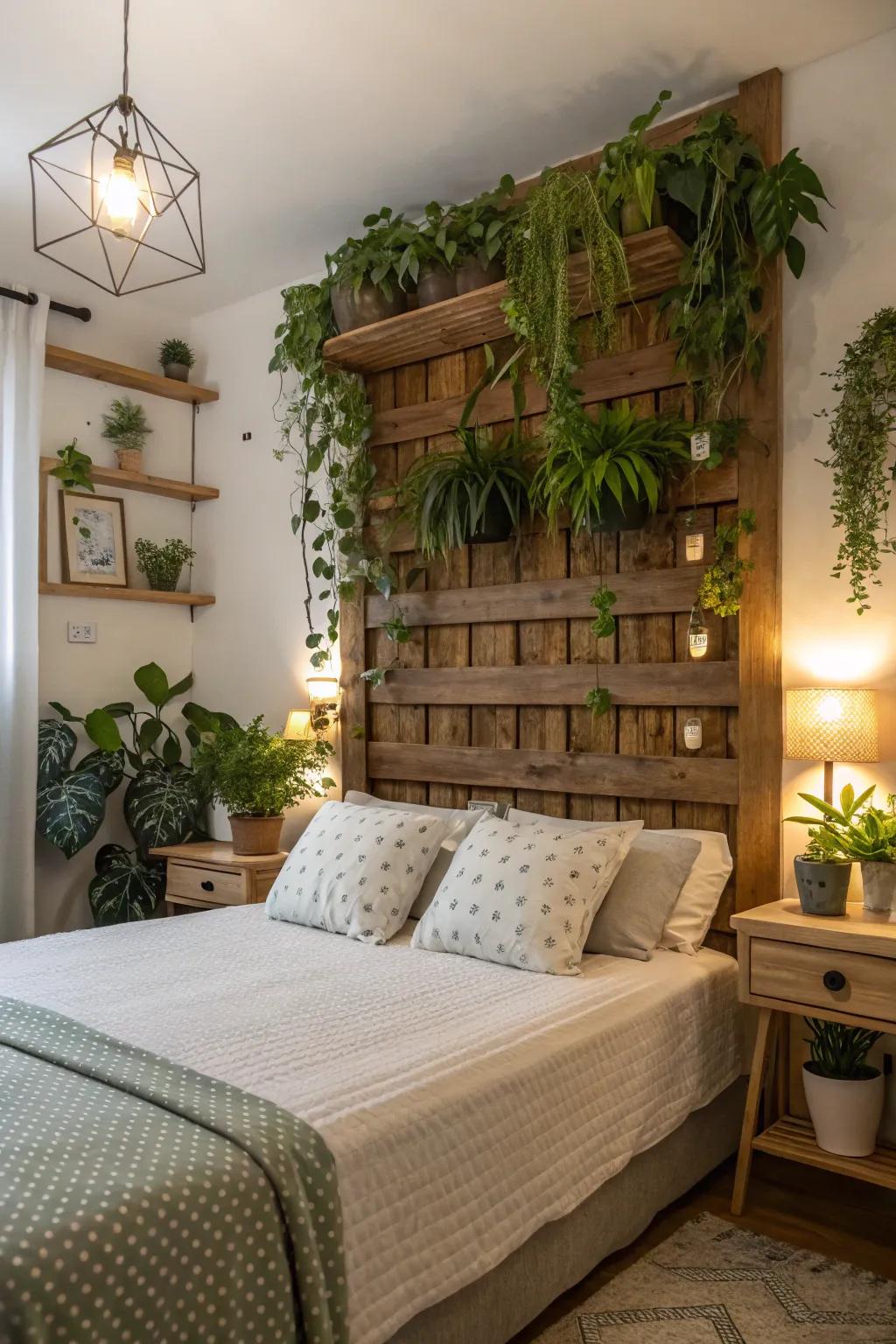 A living headboard with plants brings a sense of vitality and freshness to the space.