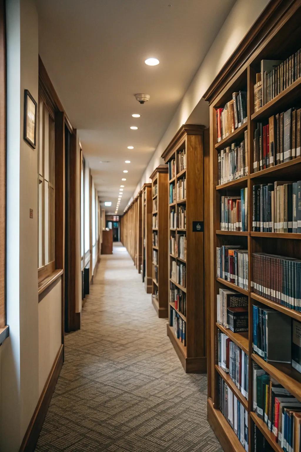 A hallway reinvented as a literary path, lined with shelves full of books.