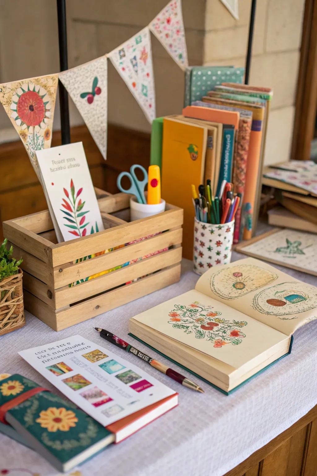 A craft station for creating personalized bookmarks.