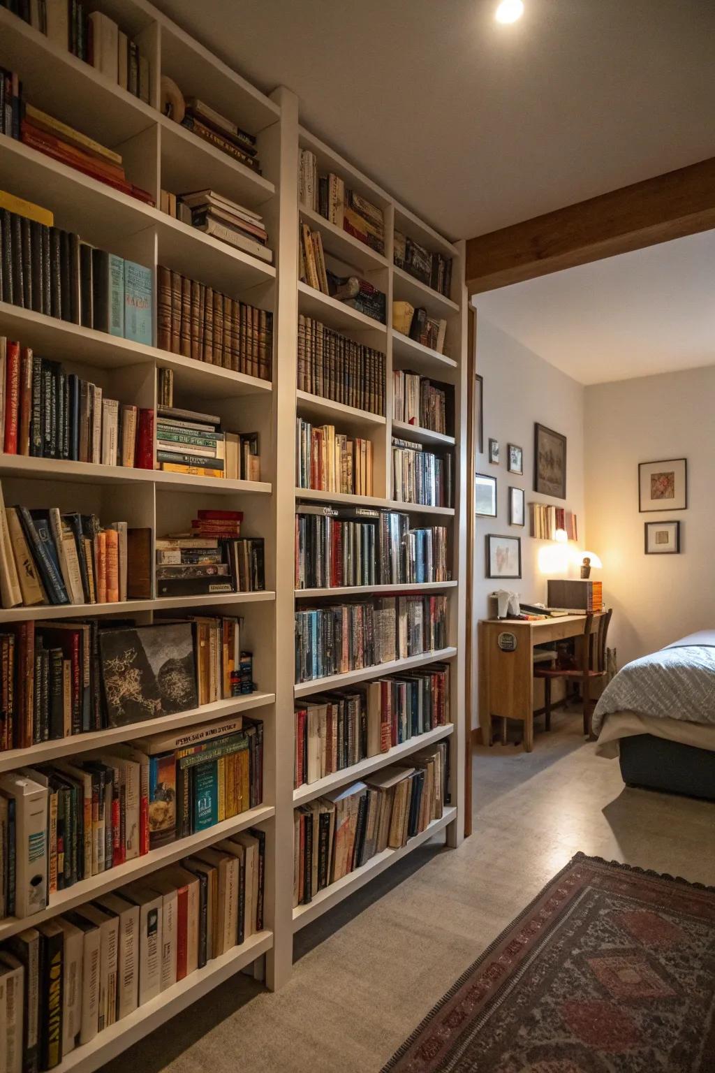 A book lover's dream with expansive full wall shelving.