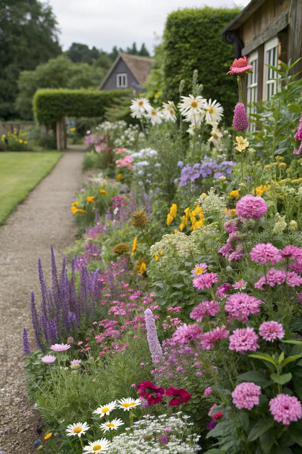 A charming country garden border with vibrant flowers.