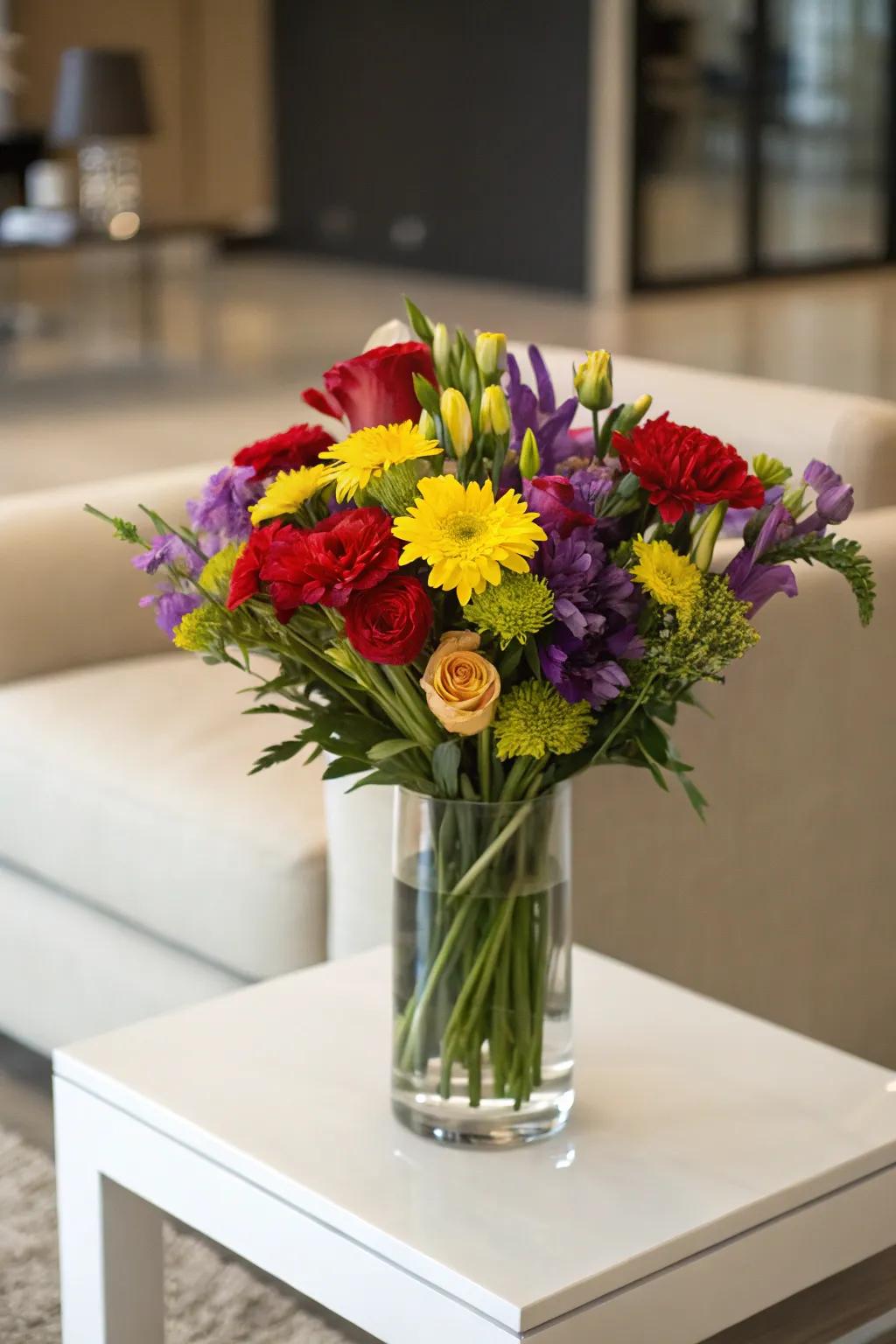 Daring hues culminate in a striking floral composition.