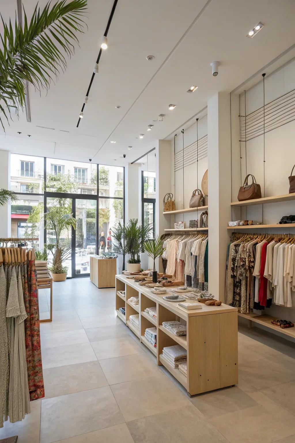 A boutique with an open and airy layout, offering a spacious and comfortable shopping experience.