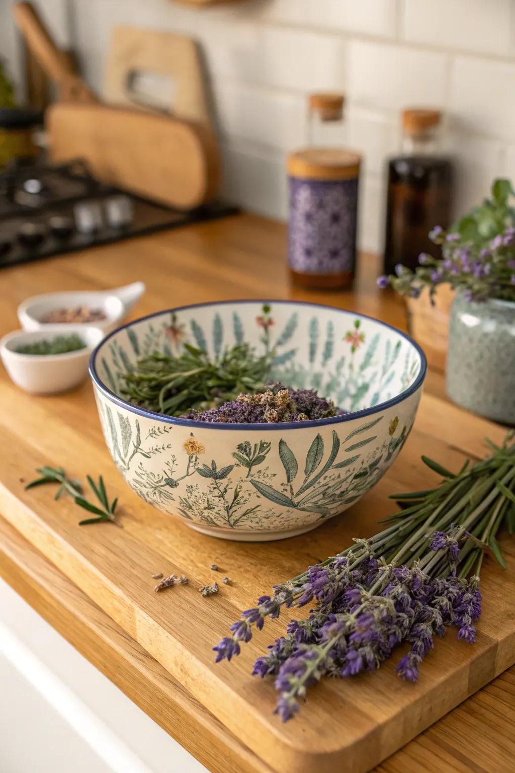 A bowl filled with herbs like fragrant dried stems
