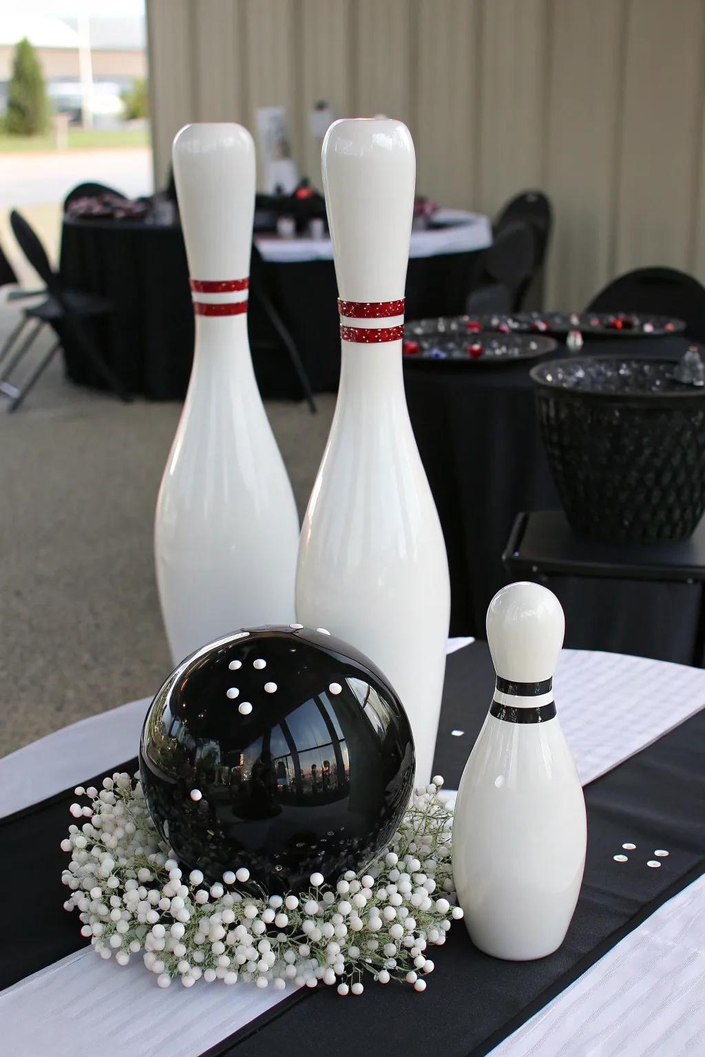 A chic monochrome bowling-inspired centerpiece radiating contemporary finesse.