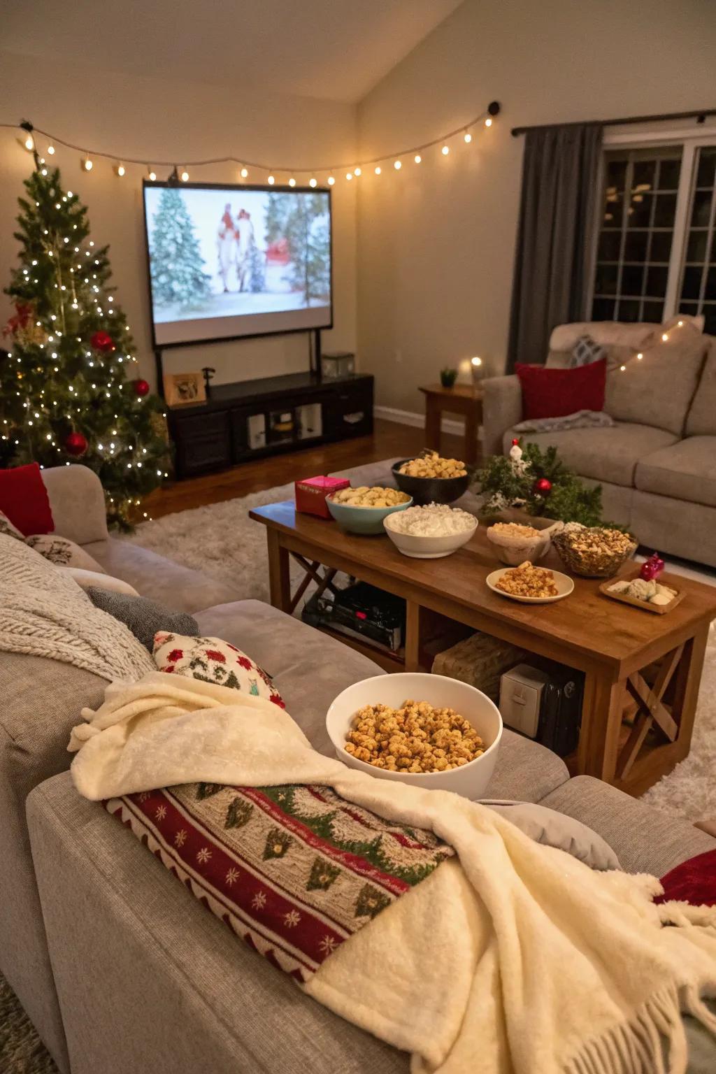 A comfortable setup for a holiday movie marathon.