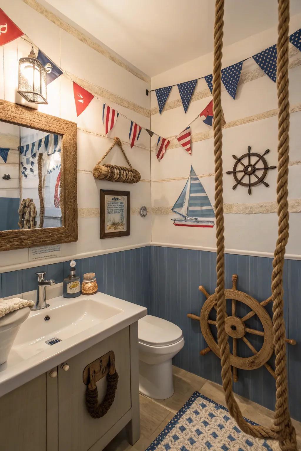Nautical details bring a sense of adventure to a boys' bathroom.