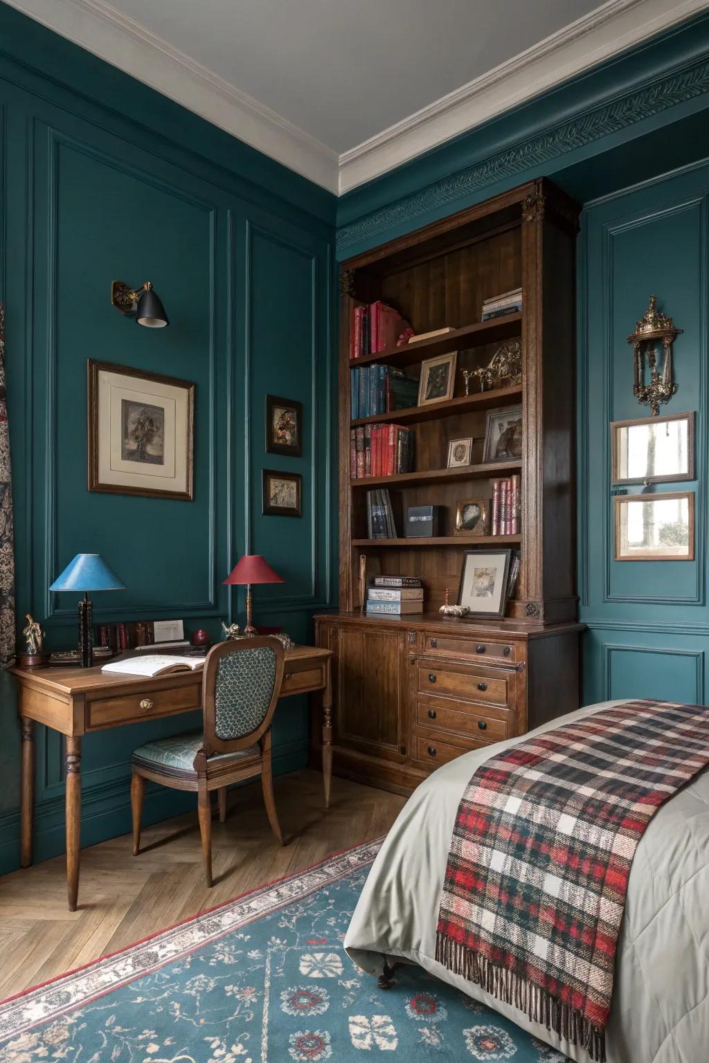 Profound teal imparts a sophisticated nuance to any chamber.