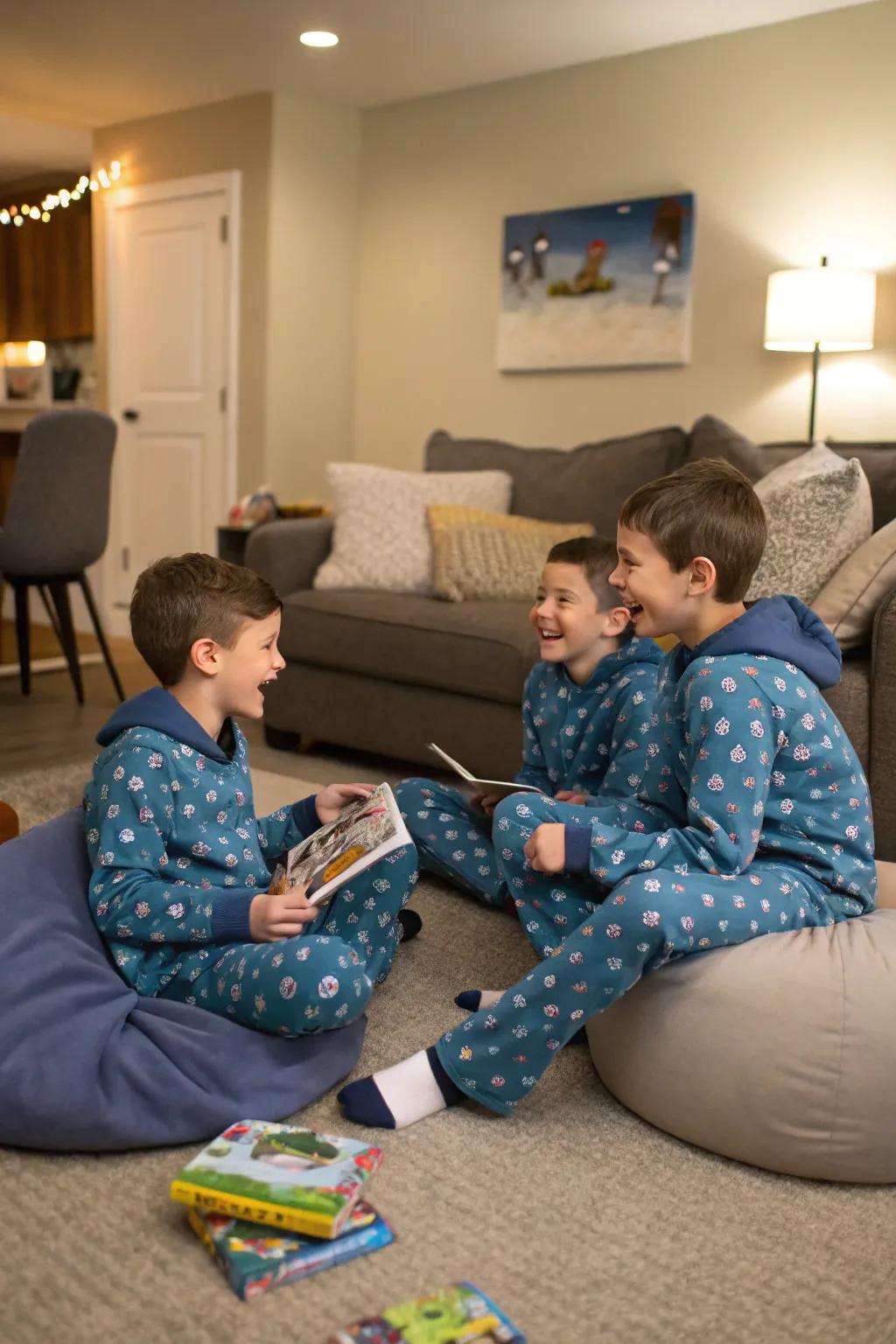 Matching pajamas give the sleepover a sense of unity and fun.