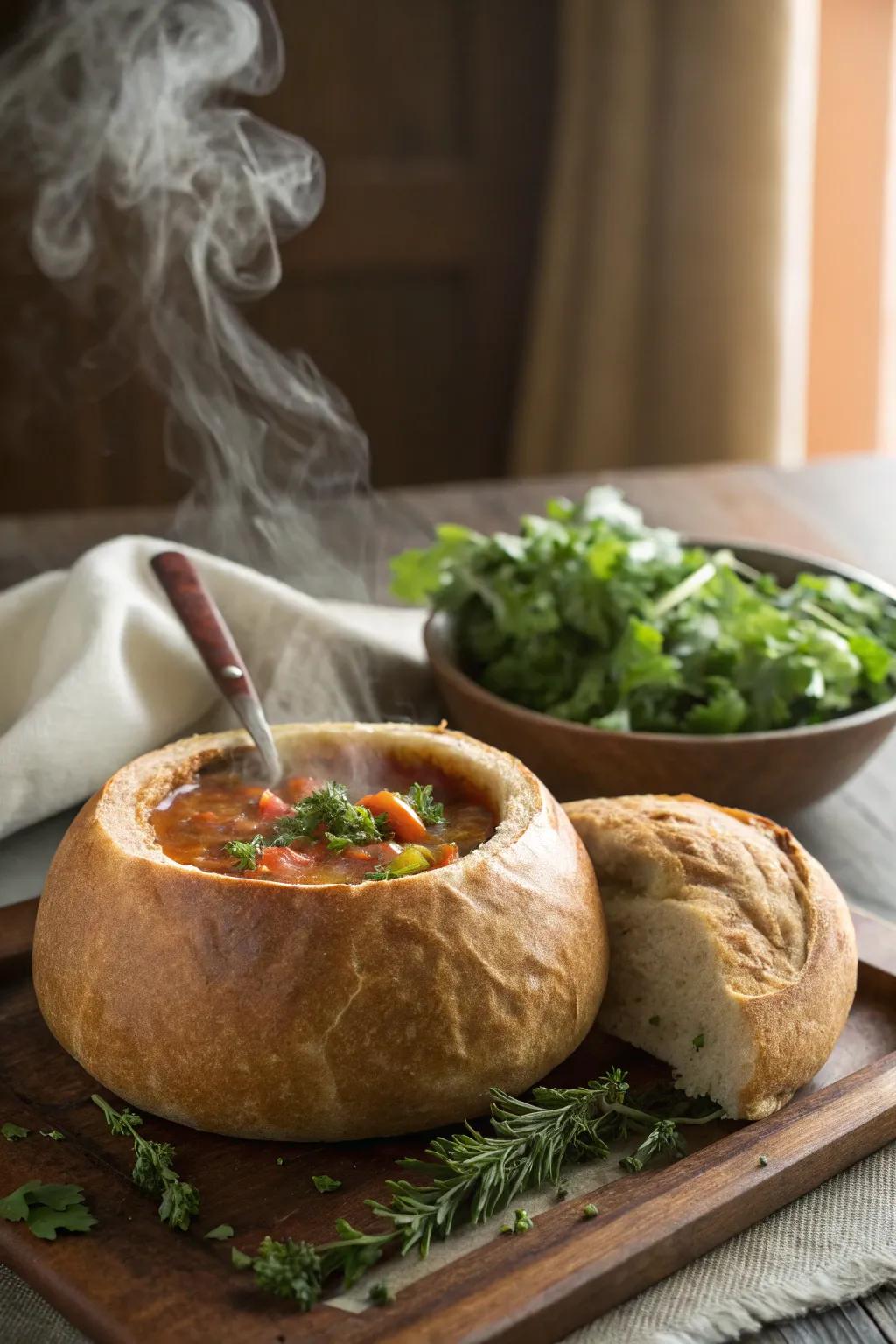 A comforting bread bowl soup, providing a hearty and complete meal experience.