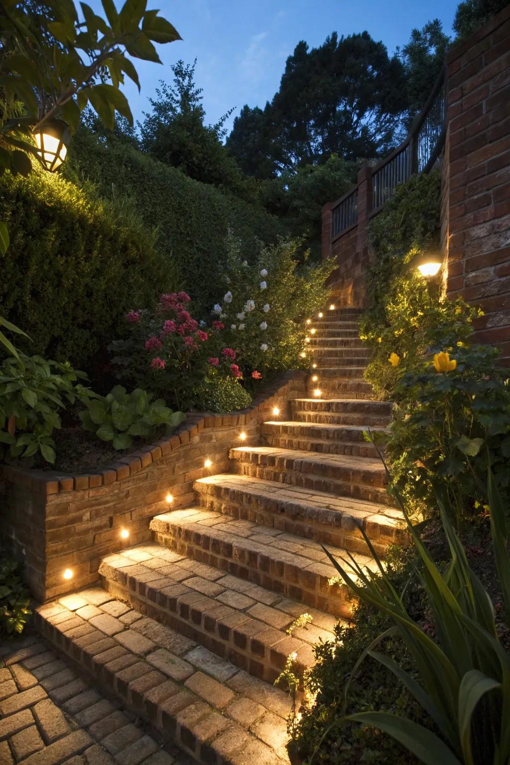 Illuminated brick steps conjuring a magical evening ambiance.
