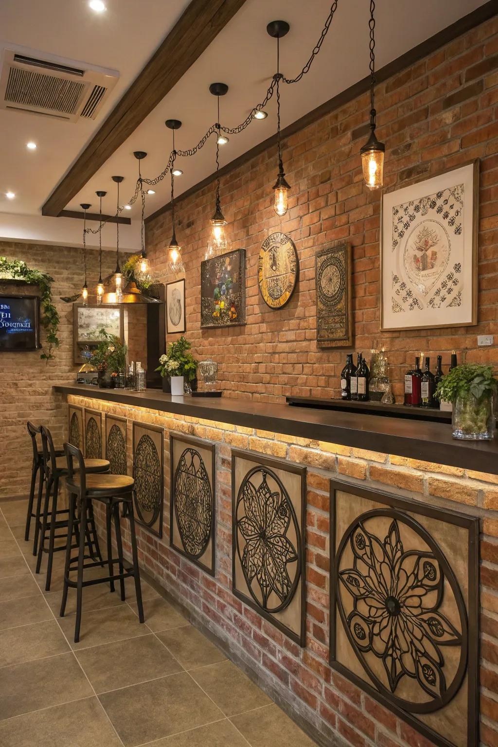 Custom wall art imparts a personal touch to a brick wall bar.