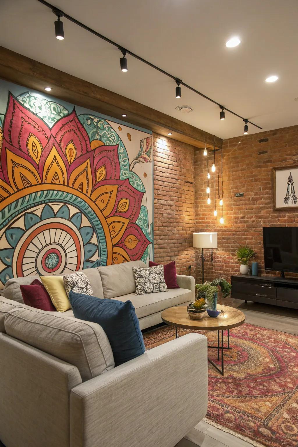 A custom mural becomes the living room's centerpiece.