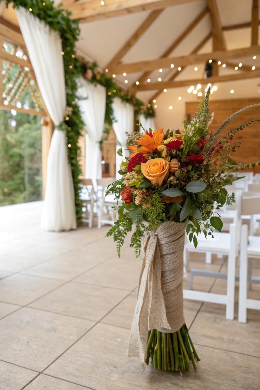 Seasonal fabric wraps bring a cohesive touch to wedding bouquets.