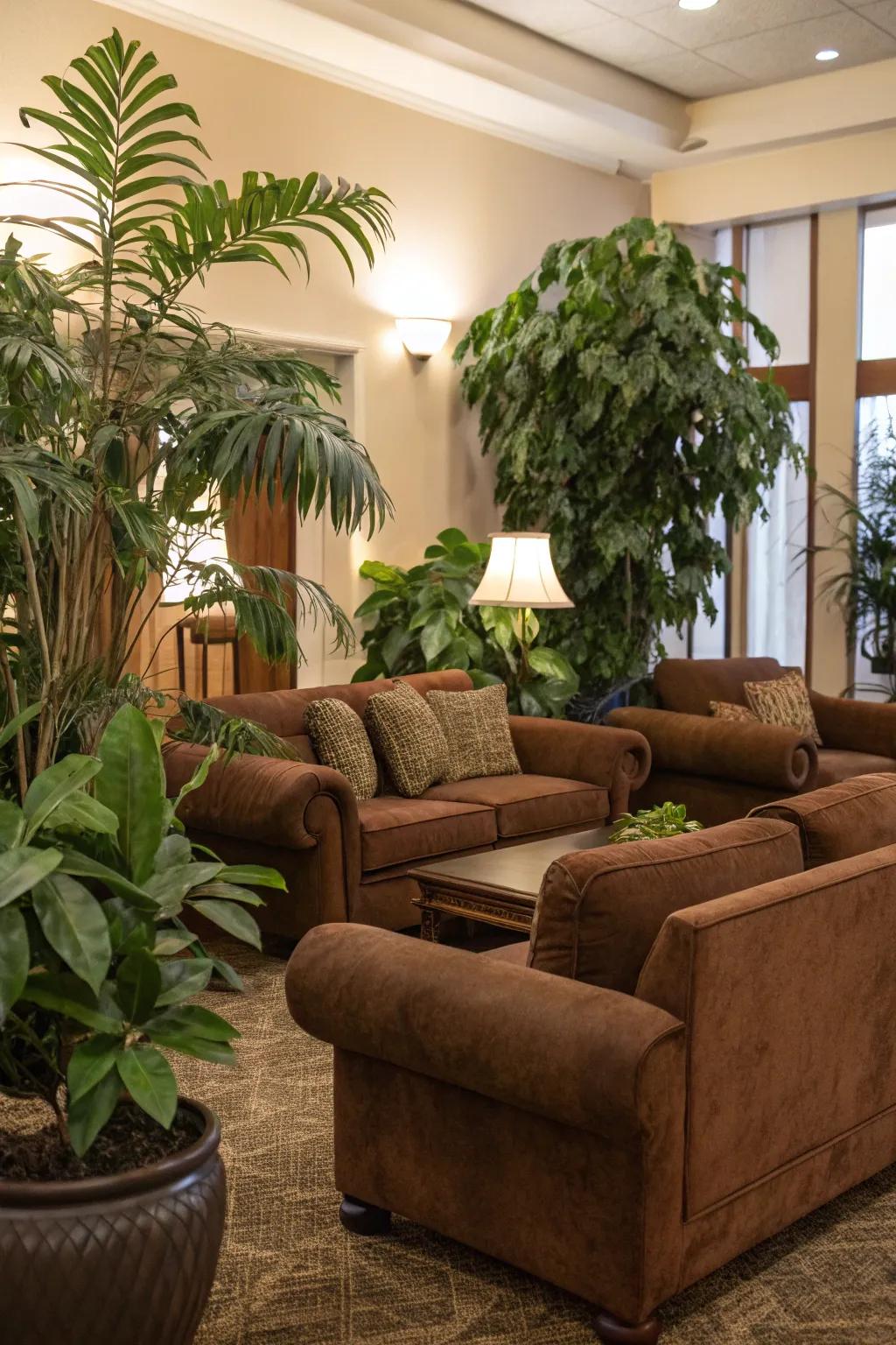 Indoor vegetation introduces a vibrant highlight to a cocoa-centered area.