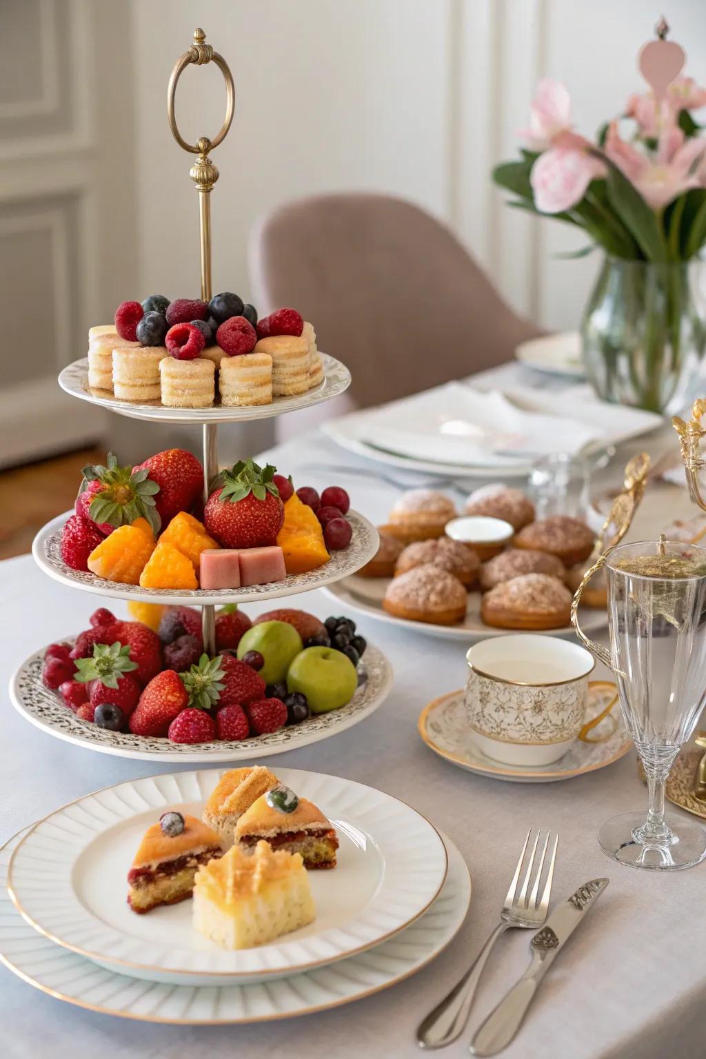 Multi-level stands make a lively display for brunch items.
