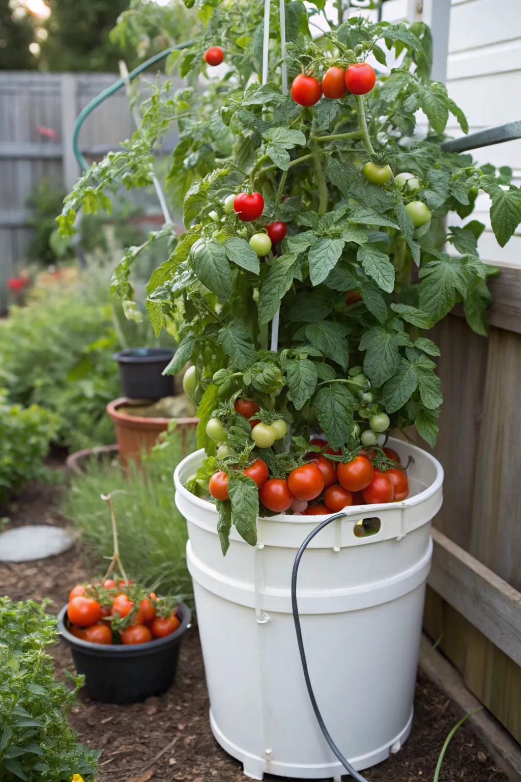 Tomatoes flourishing within an independent watering bucket system.