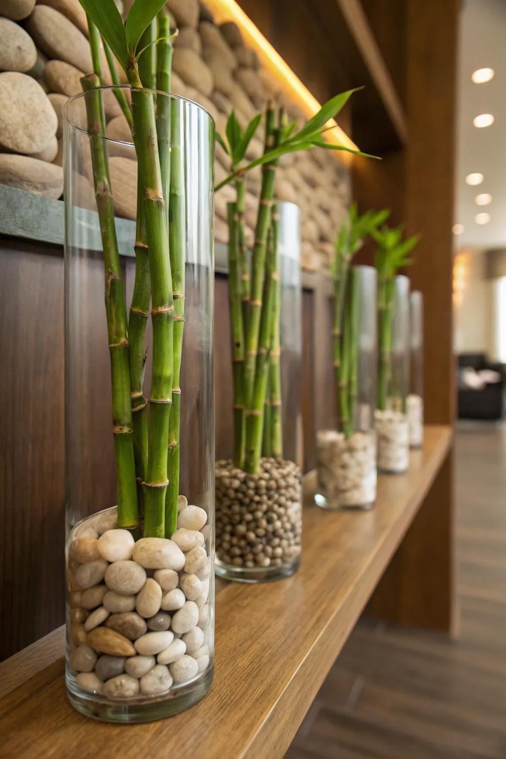 Conjure a serene vibe with wood shoots and stones.