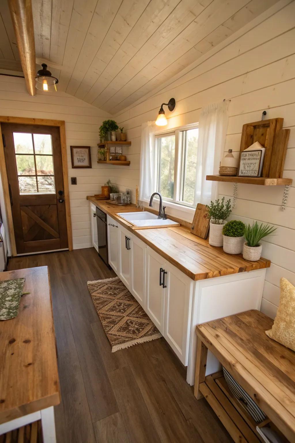 Wood accents contribute warmth and texture to this kitchen.
