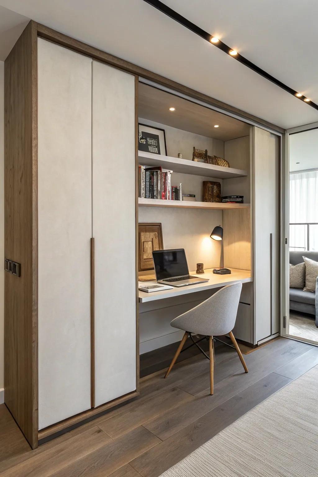 A hidden desk that keeps a clean space.