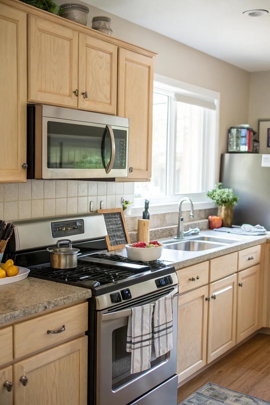 A microwave strategically positioned near the cooktop for efficiency.