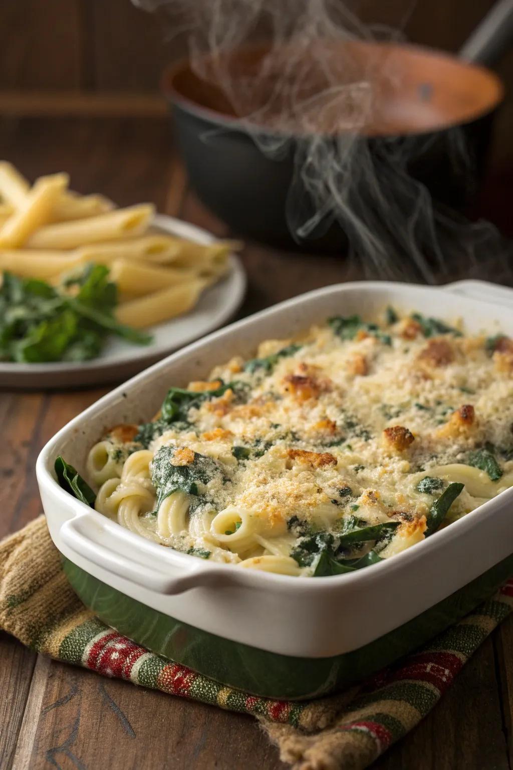 A creamy pasta bake with a golden, crispy breadcrumb topping.