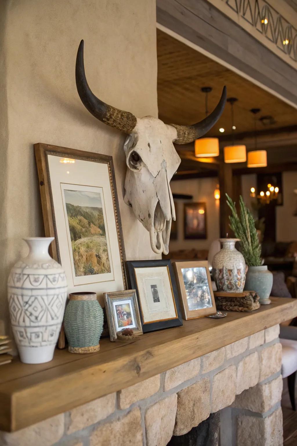 Bovine skull amalgamated with vases and encasements for a cohesive aesthetic.