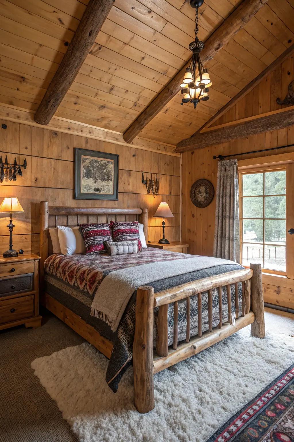 A cabin bedroom showcasing robust wood furniture and rustic decorations.