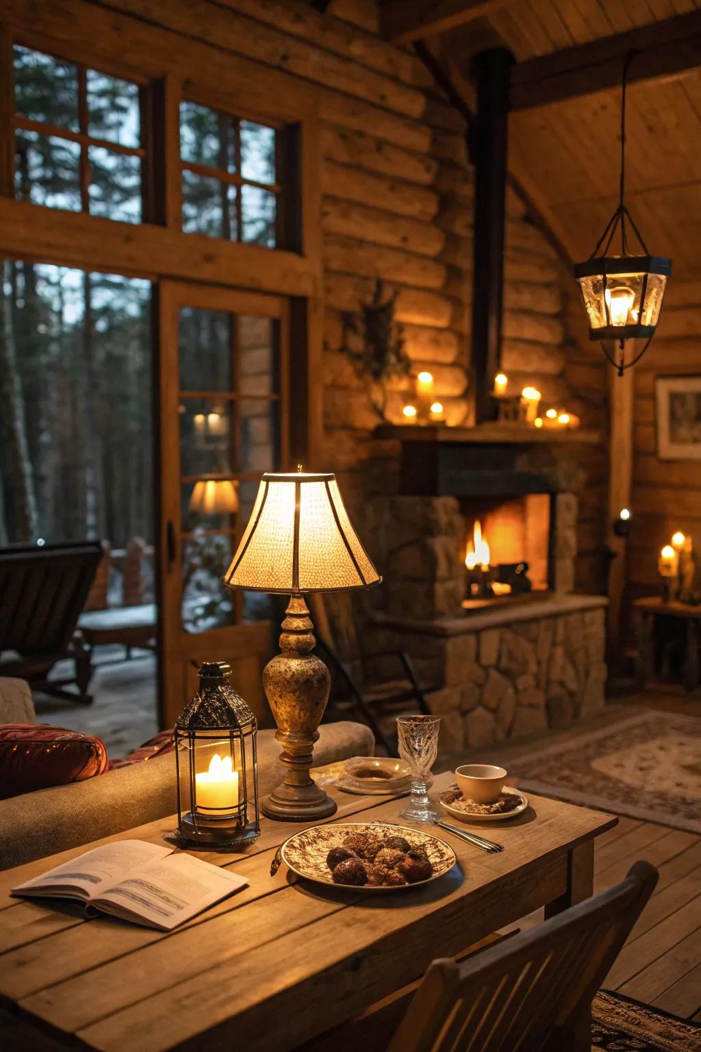 Inviting cabin illuminated using subtle ambient lighting