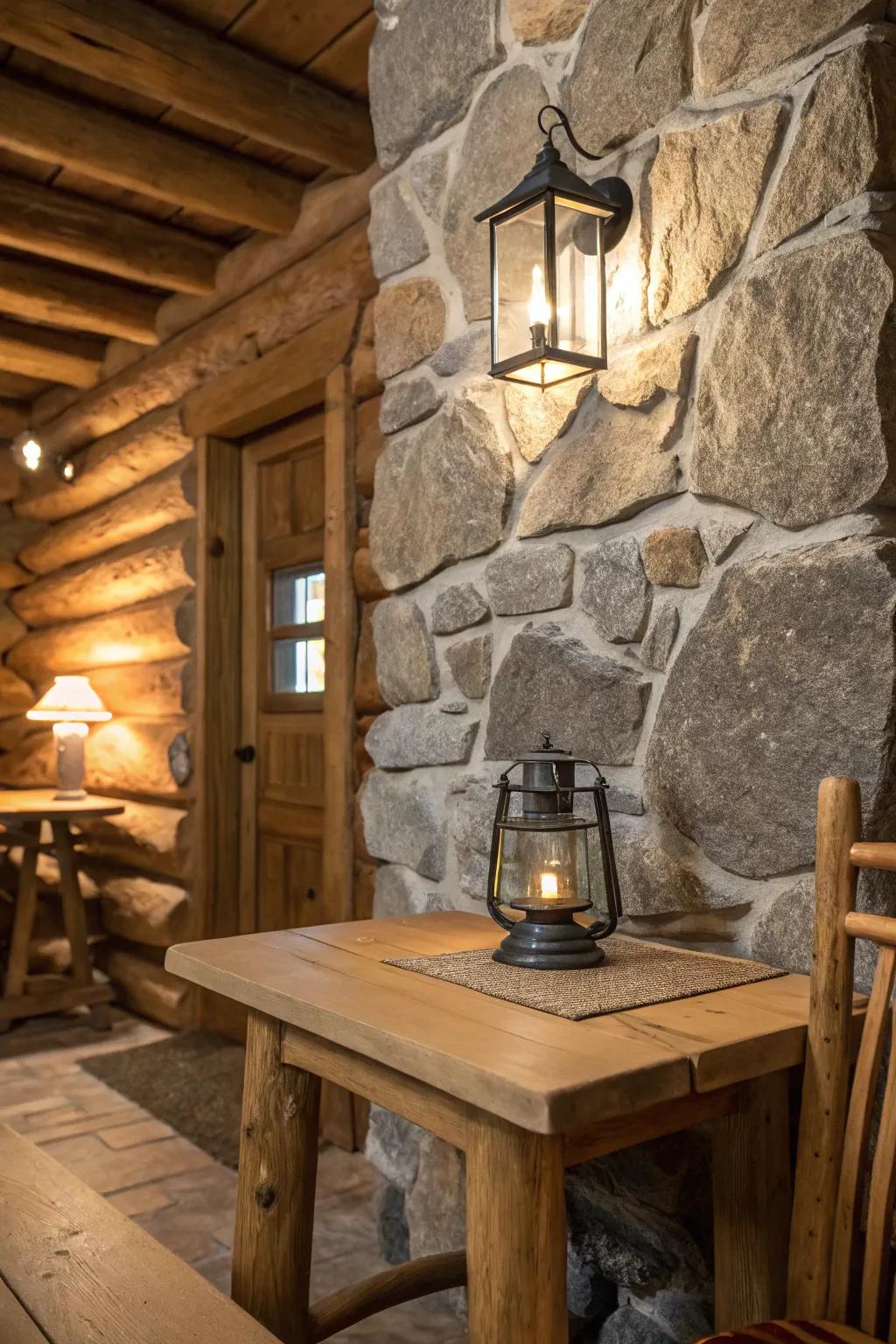 Stone details beautifully complement the cabin's rustic charm.