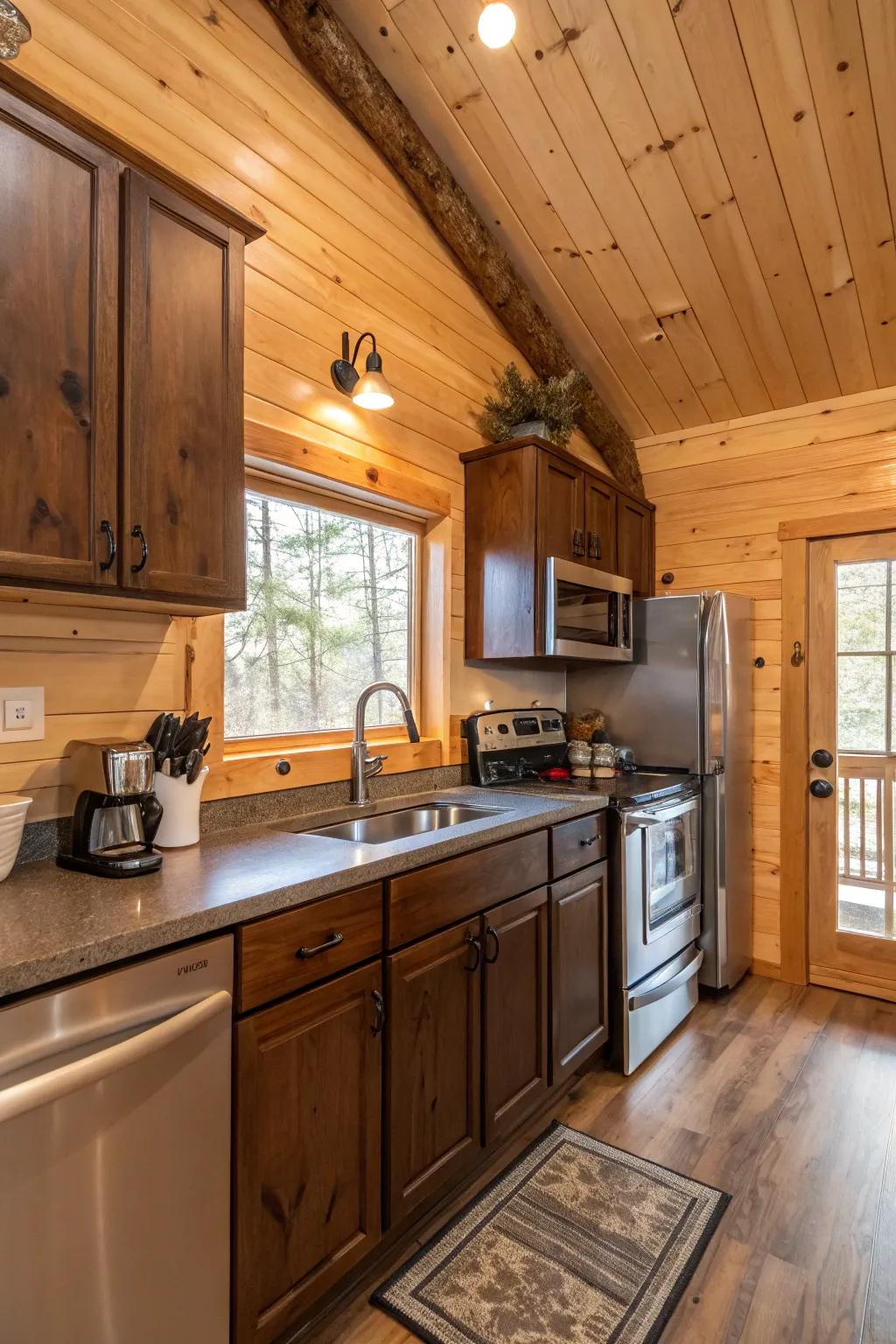 A harmonious mix of modern and rustic elements in a cabin kitchen.