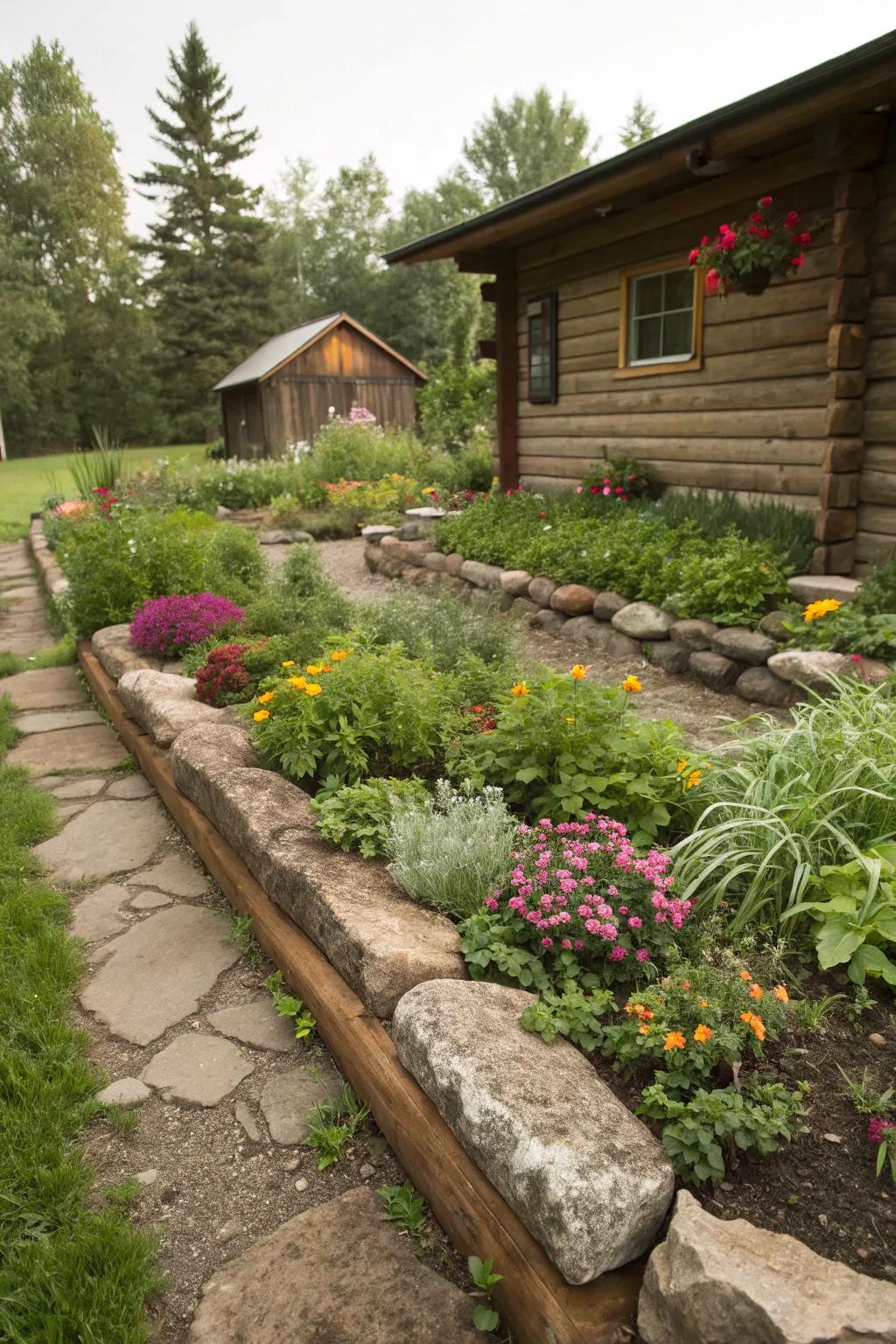 Natural rock borders define planting areas and add texture.