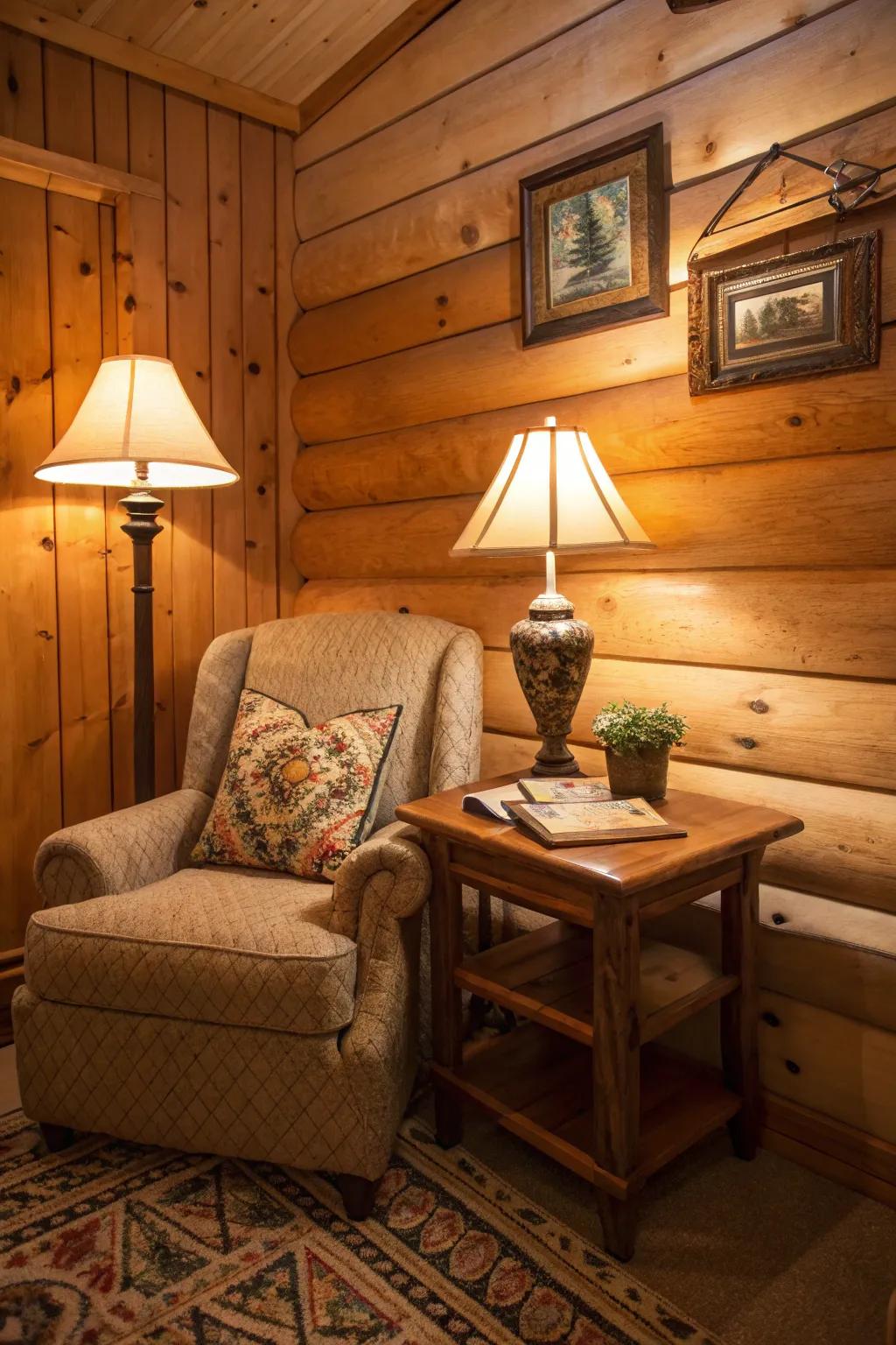 Tower and desk lights craft intimate, welcoming lighting inside a cabin's corner.