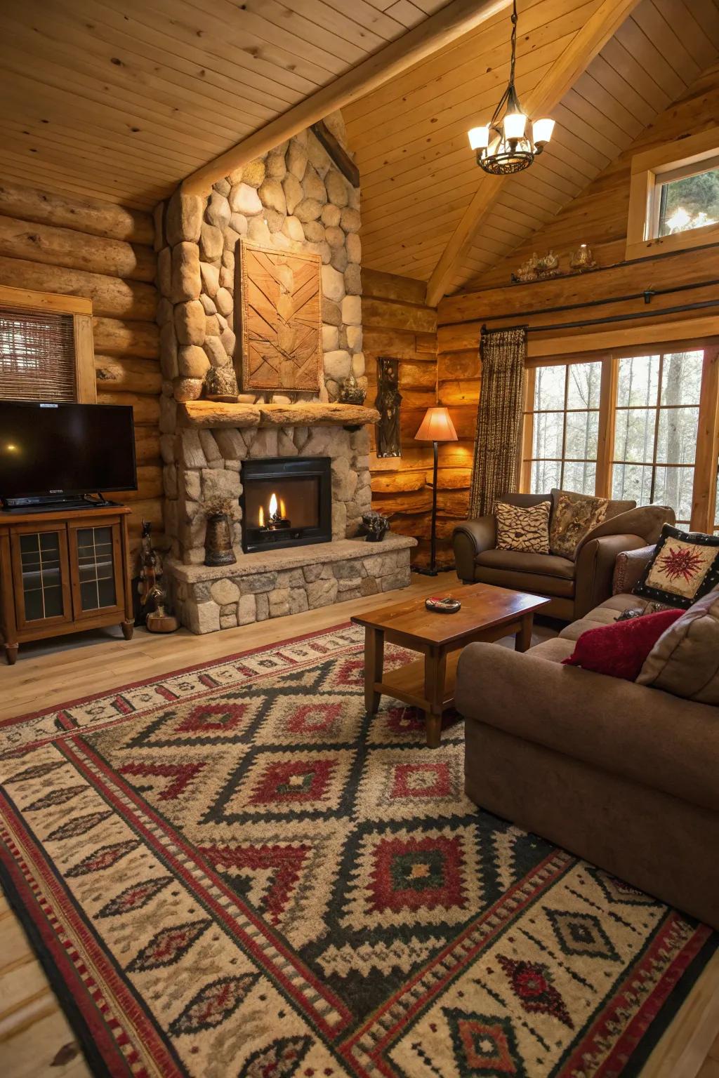 Combined textures and patterns infuse depth into this snug cabin living space.