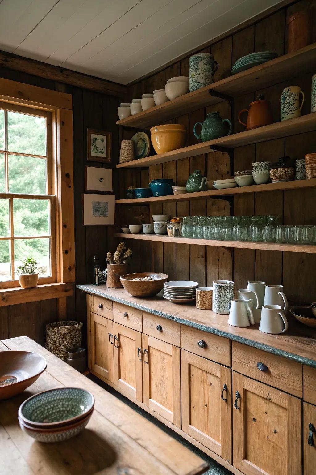 Open racks showing pottery and glasses in a cabin cooking area.