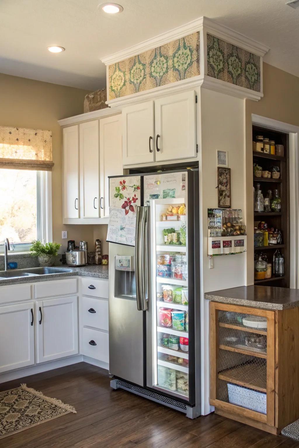 DIY cabinets above the fridge can showcase personal style and creative flair.